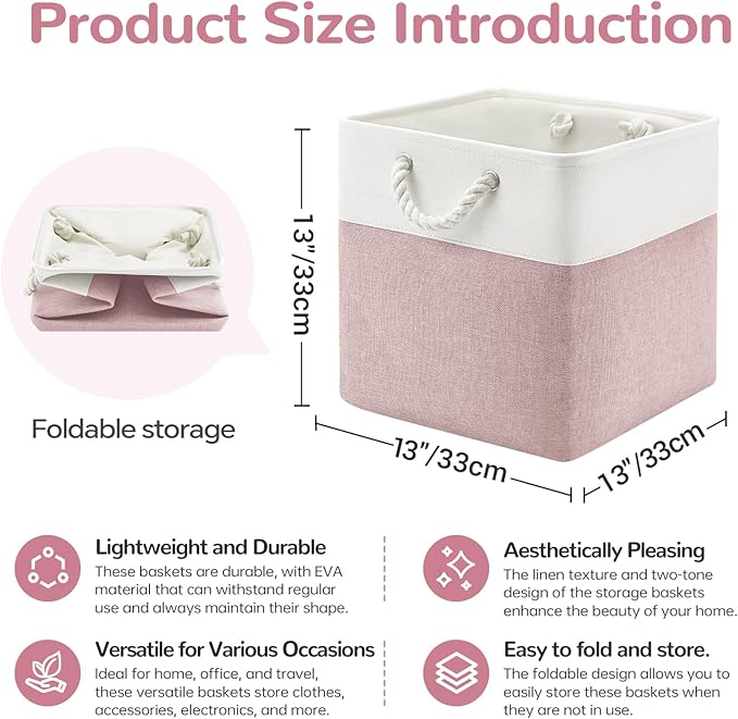 13 x 13 Inch Cube Storage Bins, 6 Pack Fabric Storage Basket with Handles, Foldable Boxes Organizer for Shelf Baskets for Home, Clothes, Toys (White/Pink)