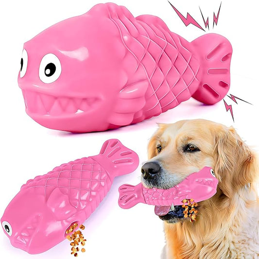 Durable Dog Toys to Keep Them Busy - Tough Treat Dispensing Chew Toy with Bacon Flavor & Squeaker for Aggressive Chewers, Interactive Mental Stimulation for Large Breeds (Pink)