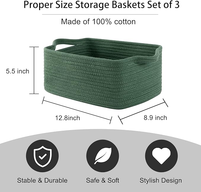 OIAHOMY Cotton Rope Woven Baskets for Storage, Nursery Rectangle Storage Basket with Handles for Shelves, Pack of 3, Green