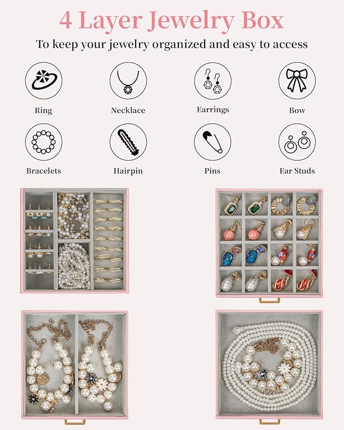 TORIBIO Jewelry Box for Women, Leather Jewelry Organizer with Mirror & Lock, 4-Tier Jewelry Storage Organizer with 3 Drawers for Girls/Women/Mothers, Necklace Earring Bracelets Holder Organizer