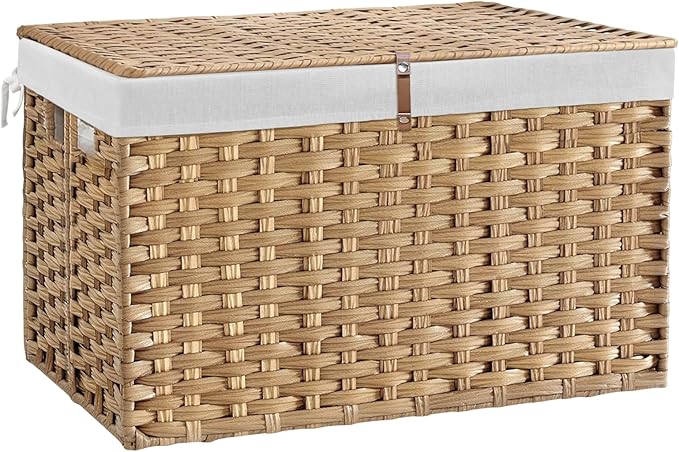 180L Wicker Storage Basket with Lid, Handwoven Rattan Large Shelf Basket with Removable Liner, 47.6 Gallon Wicker Basket for Blanket, Storage Trunk with Handle for Closet, Bedroom, Livingroom, Natural