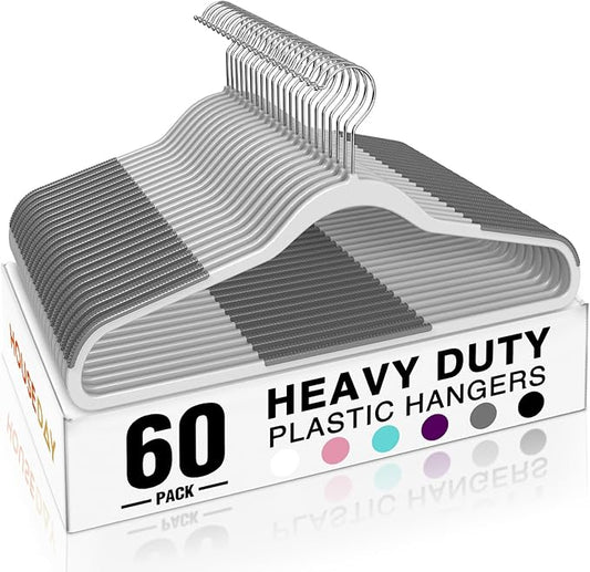 HOUSE DAY Heavy Duty Plastic Hangers 60 Pack, Non Slip Clothes Hangers with Rubber Pads and 360° Hook - Thin 0.2 Inch, Space Saving Coat Hanger Grey, Closet Organizer for Shirt, Pants, Suit, Skirt