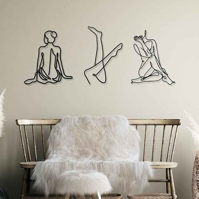 Photect 3 Pcs Metal Wall Art Decor Minimalist Abstract Woman Wall Art Metal Modern Line Drawing Decor Female Single Line Home Hanging for Bedroom Bathroom Living Room Christmas Housewarming(Fresh)