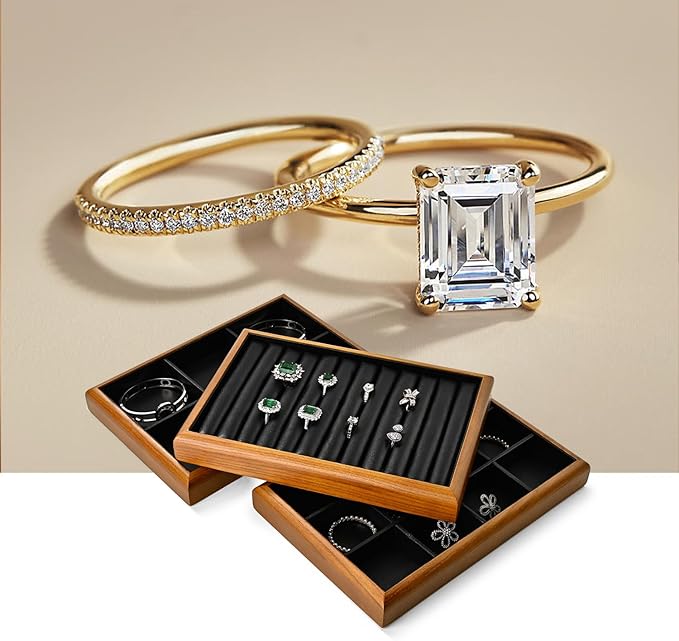 Oirlv Solid Wood 11 Slots Ring Tray Jewelry Organizer Tray Jewelry Drawer Organizer(Black)