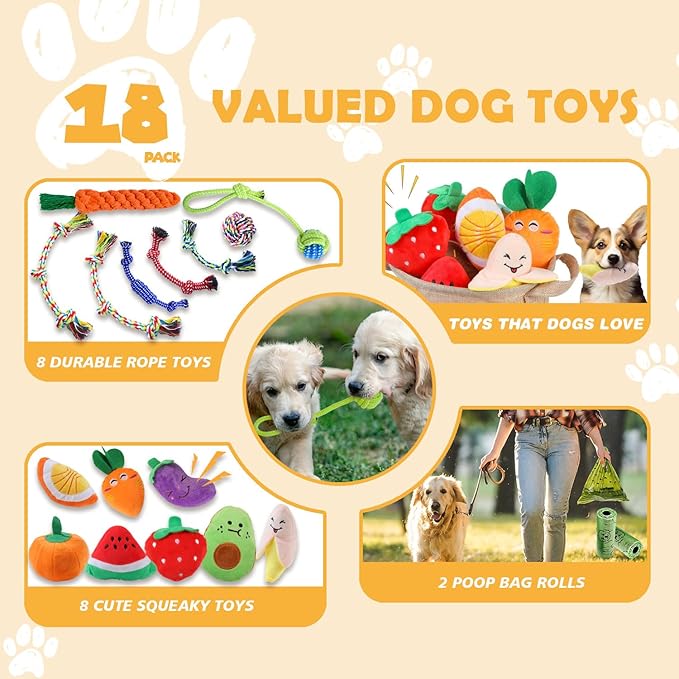 18 Pack Dog Toys Puppy Teething Toys, Puppy Essentials Chew Toy Bundle with Squeaky Toy and Interactive Rope for Small Dogs to Keep Them Busy