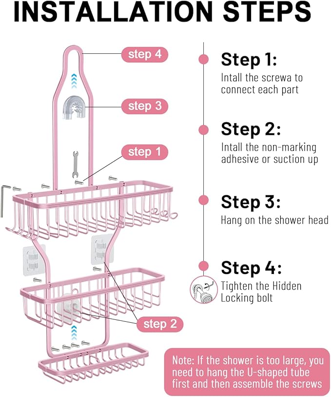 Pink Shower Caddy for Bathroom - Never Rust Hanging Shower Organizer with Soap Basket and Hooks - Large Capacity 3 Tier Aluminum Over The Showerhead Caddy