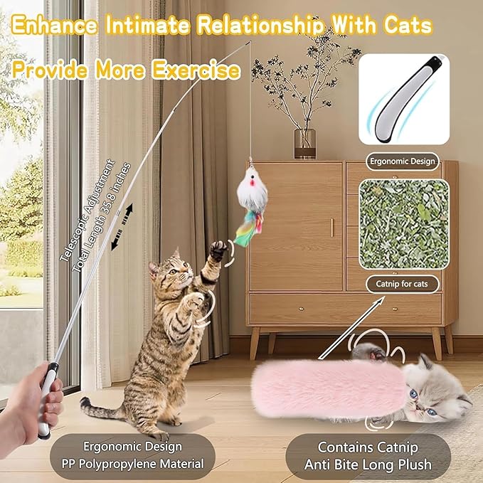 4-in-1 Interactive Cat Feather Toys with Durable Retractable Fishing Pole, 11 Attachments Replacements and Interactive Cat Toys for Indoor Cats