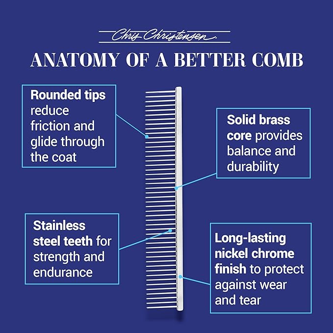 Chris Christensen 9in Coarse Poodle Butter Comb, Groom Like a Professional, Rounded Corners Prevent Friction and Breakage, Solid Brass Spin with Steel Teeth, Chrome Finish