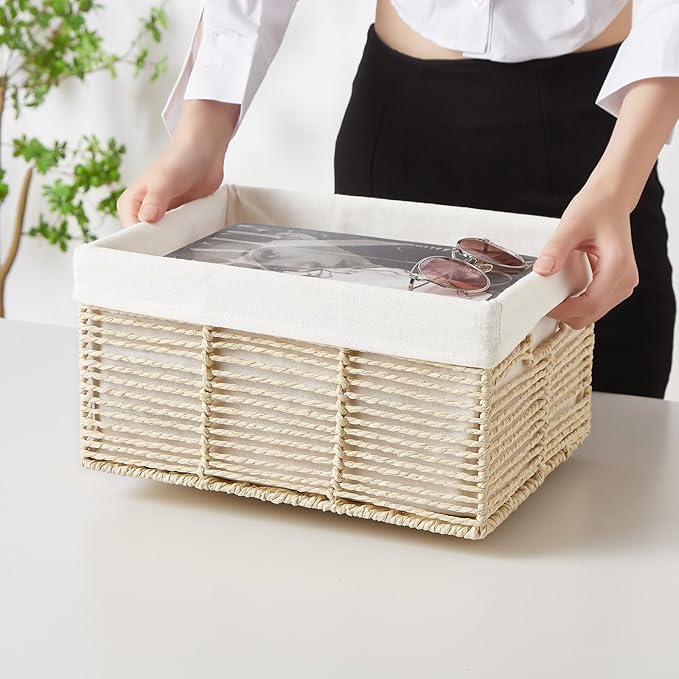 Vagusicc Wicker Storage Baskets, 6 Pack Baskets for Organizing, Wicker Basket with Handle, Rectangular Basket for Storage Shelves, Cube Storage Bins for Closet/Clothes/Dresser, Beige