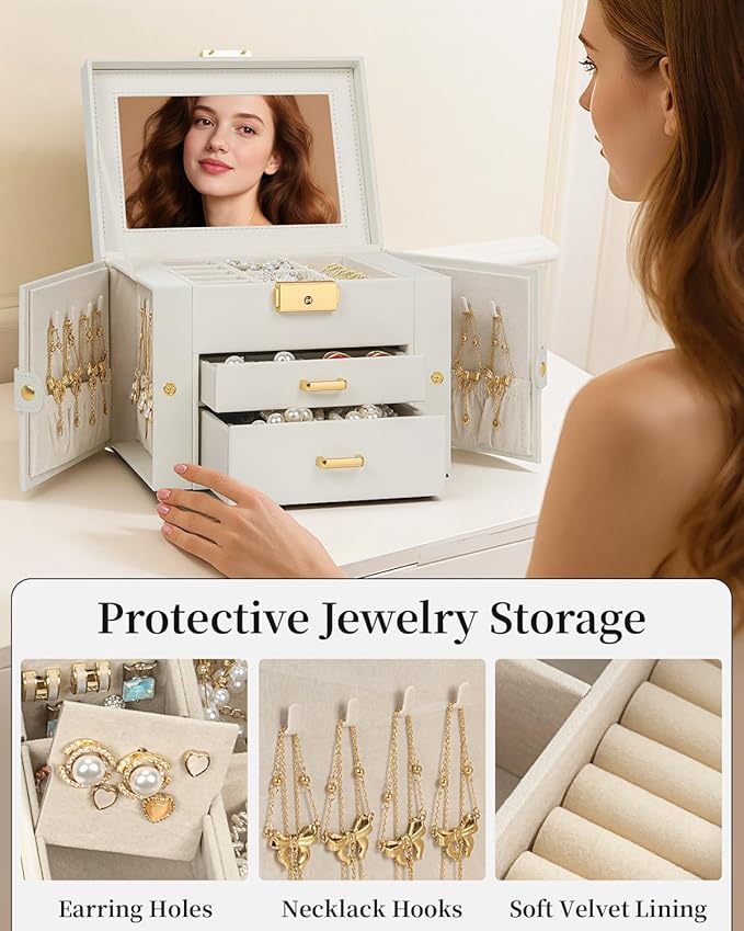 TORIBIO Jewelry Box for Women, Leather Jewelry Organizer with Mirror & Lock, 3-Tier Jewelry Storage Organizer with 2 Drawers for Girls/Women/Mothers, Necklace Earring Bracelets Holder Organizer