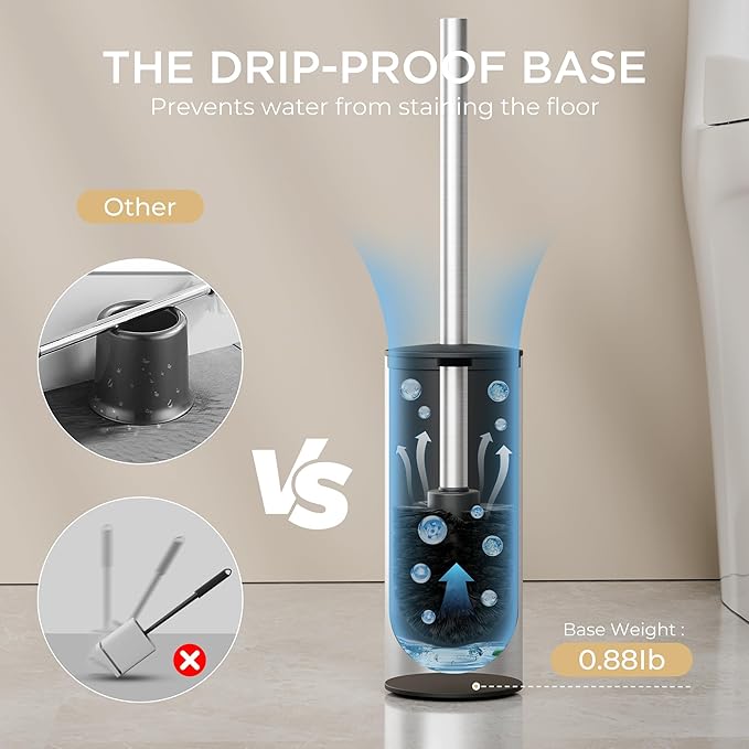 FORIOUS Toilet Brush and Holder Set Brushed Nickel, Heavy Duty 304 Stainless Steel Base and Long Handle Toilet Bowl Cleaners Brush, for Bathroom Storage and Organization, 2 Brush Head