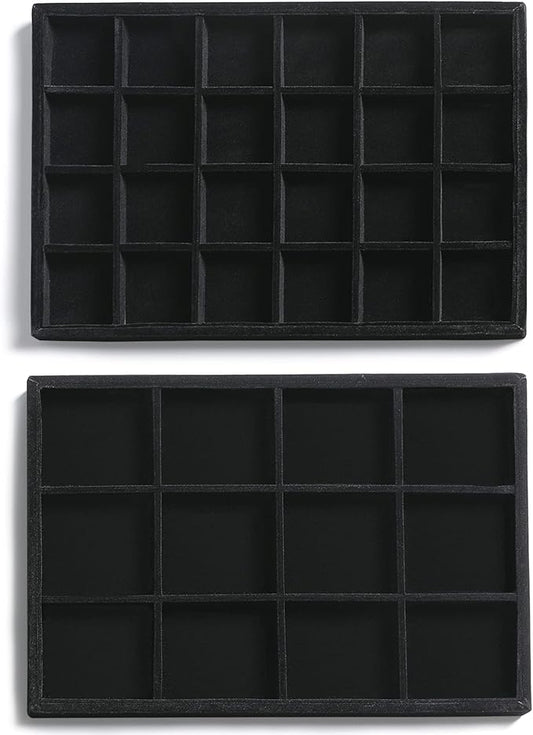 Frebeauty Stackable Velvet Jewelry Organizer Trays for Drawers Inserts Jewelry Storage Tray Display Case, Stud Earrings Bracelets Necklace Rings Accessories Trays for Women (Set of 2 Black)