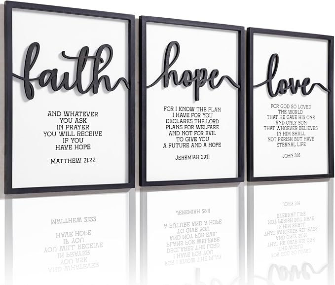 3D Wood Faith Hope Love Wall Decor, Christian Wall Art Bible Verses Wall Decor Scripture Wall Art for Bedroom Bathroom Kitchen Living Room Office(12x16 inches, Set of 3, Framed)