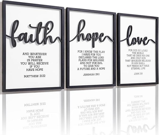 3D Wood Faith Hope Love Wall Decor, Christian Wall Art Bible Verses Wall Decor Scripture Wall Art for Bedroom Bathroom Kitchen Living Room Office(12x16 inches, Set of 3, Framed)