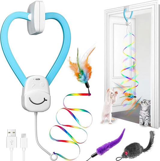 Interactive Cat Toys for Indoor Cats,Automatic String Feather Wand Teaser Enrichment Toy,USB-Rechargeable,Safe Self Play Chase Exercise,Hanging Cat Door Frame Toy for Bored Indoor Adult & Kitten Cats