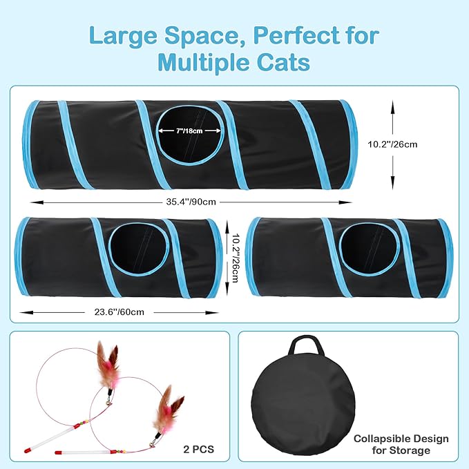 Cat Tunnel 3 Straight Shaped Pet Tunnels, Tube Cat Toys 6 DIY Shapes with Wand Toys, Scratch Resistant Collapsible Cats Tubes for Indoor Puppy, Kitten, Rabbit Black 82in