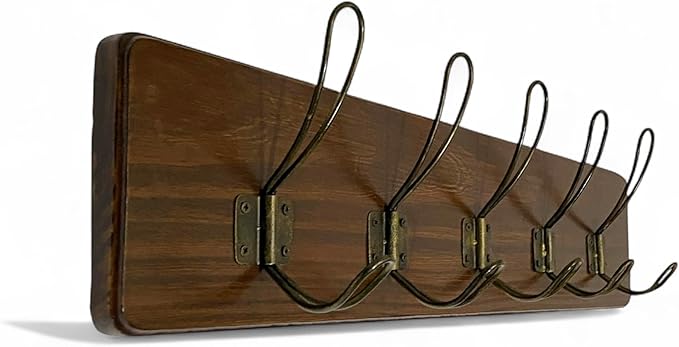 Wooden Coat Rack Wall Mount, 24" Pine with 5 Heavy Duty Antique Gold Hooks, Distressed Espresso Rustic Farmhouse for Entryway, Hallway, Bathroom, or Bedroom