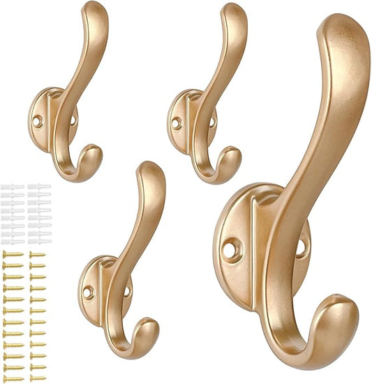 4 Pack Coat Hooks Wall Mount Heavy Duty Utility Retro Double Hooks for Hanging Coats,Hat, Towel, Key, Robe, Scarf, Bag, Cap (Gold)