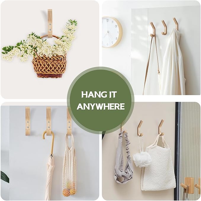Natural Wood Wall Hooks,4 Pack Wall Mounted Wooden Coat Hooks,Modern Decorative Wooden Peg Hook for Entrance Wall,Heavy Duty Bag Hanger Hooks for Hanging Coats,Key,Towels,Purse(Oak Wood)