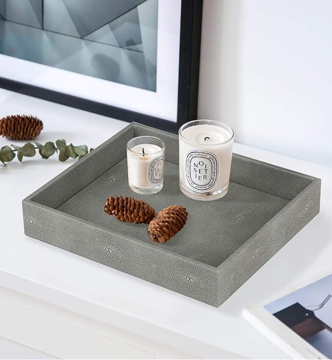 HofferRuffer Decorative Desktop Organizer Tray, Bathroom Vanity Tray, Storage Jewelry Perfume Dresser Tray, Catchall Tray for Change Coin Key, 10.2 x 8.4 x 1.8 inches (Dark Grey Faux Leather Shagreen)