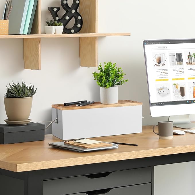 Large Cable Management Box, Wooden Cord Organizer Box for Desk, Floor, Office to Hide Extension Cords Power Stripes Surge Protectors Chargers Wires, White