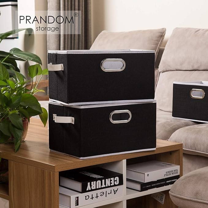 PRANDOM Fodable Storage Bins for Closet [3-pack] Decorative Fabric Storage Baskets Cubes with Leather/Metal Handles for Shelves Bedroom Living Room Black (11.5x8.5x6.7 Inch)