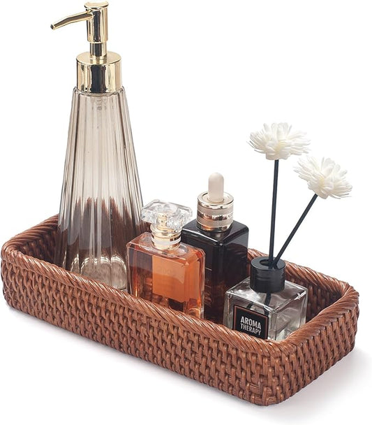 Rattan Bathroom Vanity Trays Toilet Tank Baskets Long Narrow Hand Towel Storage Basket for Storage, Decorative (Honey Brown 10.2 x 4.9 x 1.6 inch)