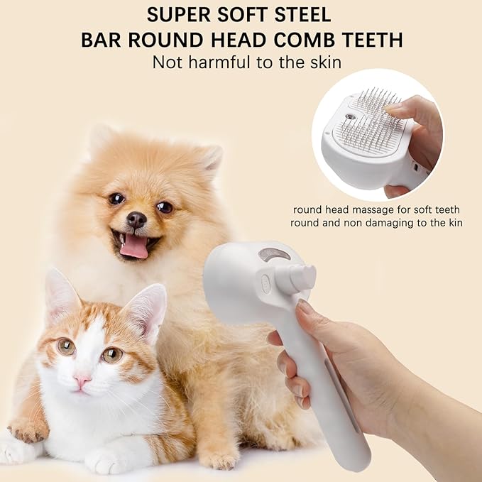 Pet Steam Brush for Shedding– 4-in-1 De-Shedding, Steam Spray, and Self-Cleaning Grooming Tool – Ideal for Long and Short-Haired Pets– Includes 2 Bottles of 120 mL Waterless Shampoo(White)