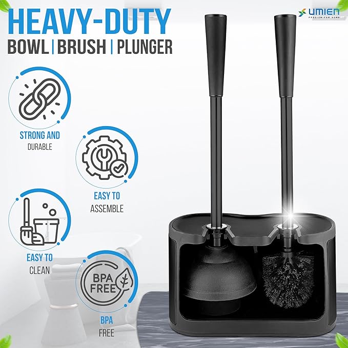 UMIEN Toilet Brush and Plunger Set 18-in - Updated 2025 No-Rust - Stainless Steel Design - Long Handles - with Freestanding Canister (Matte Black)