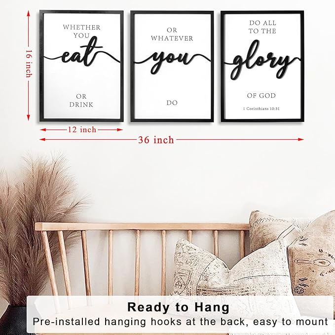 3D Wood Christian Dining Room Wall Art, Framed Bible Verse Wall Art, Jesus Wall Decor for Dining Room Kitchen Living Room Bedroom (Ready to Hang, 12x16 inches, Set of 3, Framed)