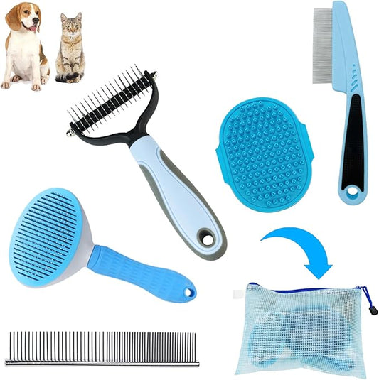 Dog Brush Grooming Kit 5PCS - Dog Brush for Shedding,Puppy Brush and Flea Comb for Dogs, Slicker Brush Comb and Dog Hair Brush Set Blue, Grooming at Home or Travel