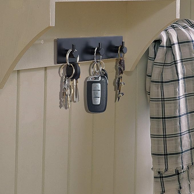Key Holder (3 Hooks) - Sturdy Self Adhesive Stainless Steel, Matte Black, Wall Mount, Damage Free, Extra Thick, for Keys and Masks, Entryway, Hallway