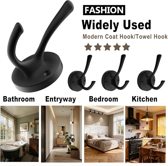 Black Towel Hooks for Wall, 5 Pack Coat Robe Hook Heavy Duty Metal Double Bath Hook Wall Mounted, Hat Hooks for Cubicle Bathroom Kitchen Closet Garage