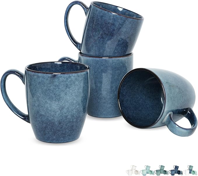 Bosmarlin Ceramic Coffee Mug Set of 4, 17 Oz, Coffee Cups with Big Handle, Microwave Safe, Unique Reactive Glaze (Deep Blue, 17 Oz)