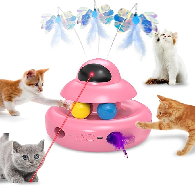 Automatic Cat Toys,4-in-1 InteractiveCat Toys for Bored Indoor Adult Cats, Electric Flying Butterfly,Rechargeable Moving Ambush Feather,Pink Kitter Toy Track Balls