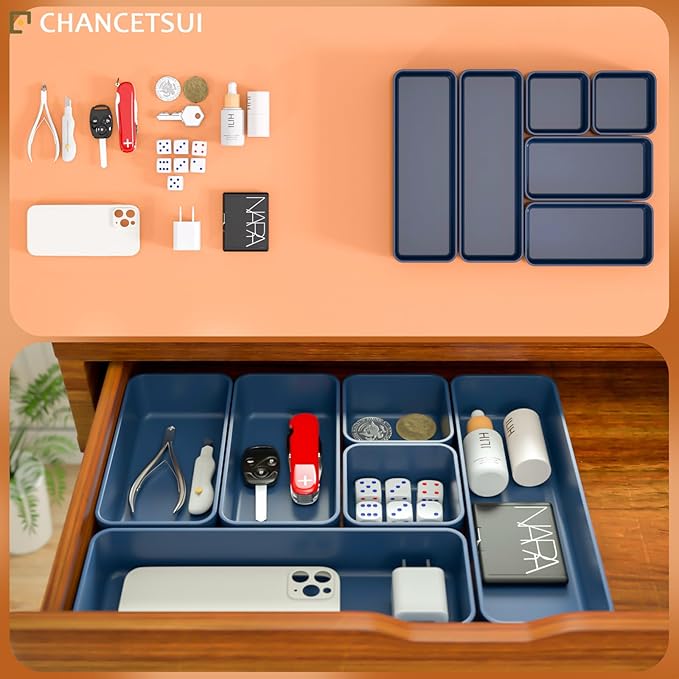 Drawer Organizers, Storage Plastic Desk Bins Stackable Organizers Tray, Bathroom Dividers Small Makeup Bin Clothes Organizing Trays for Containers Vanity Office Cabinet Sliverware Set, Blue