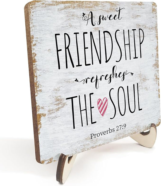 Inspirational Sign Rustic Desk Decor Decorative Christian Friendship Gifts Religious Bible Verse Faith Decoration for Home Farmhouse Office Table Shelf Tiered Tray Plaque with Wood Stand