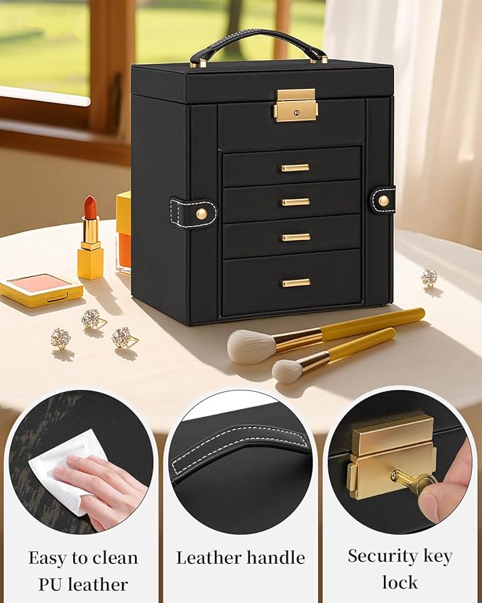 TORIBIO Jewelry Box for Women, Leather Jewelry Organizer with Mirror & Lock, 5-Tier Jewelry Storage Organizer with 4 Drawers for Girls/Women/Mothers, Necklace Earring Bracelets Holder Organizer