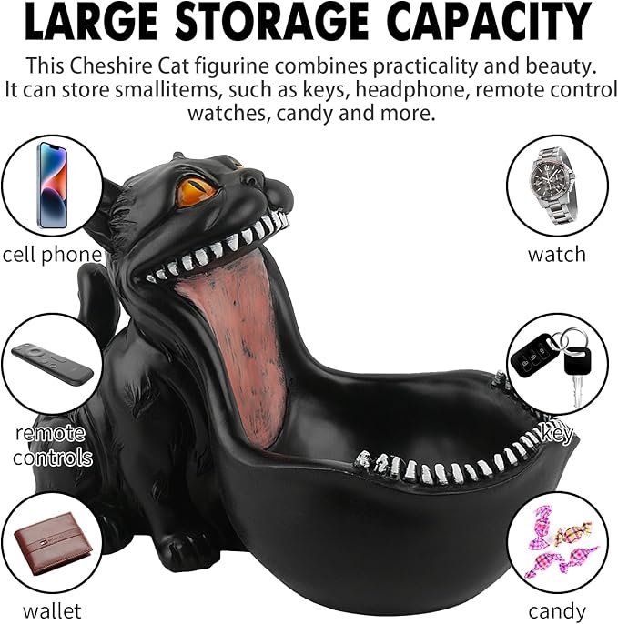 Cat Candy Bowl Gothic Decor Black Cat Statue Decorative Bowl Large Candy Dish for Office Desk Cute Key Bowl for Entryway Table Big Mouth Cat Gifts