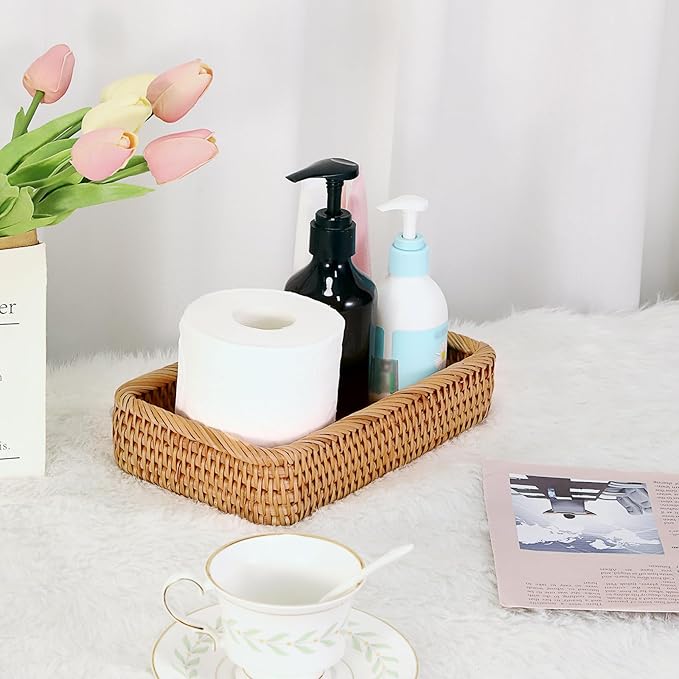 Hipiwe Natural Rattan Tray Key Basket for Entryway Table Rectangle Wicker Basket Trays for Remote Trinket Decorative Rattan Storage Basket Home Decor,10"x 5.9"x 2.2"