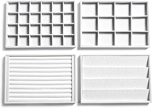 Frebeauty Stackable Velvet Jewelry Organizer Trays for Drawers Inserts Jewelry Storage Tray Display Case, Stud Earrings Bracelets Necklace Rings Accessories Trays for Women(Set of 4)(White)