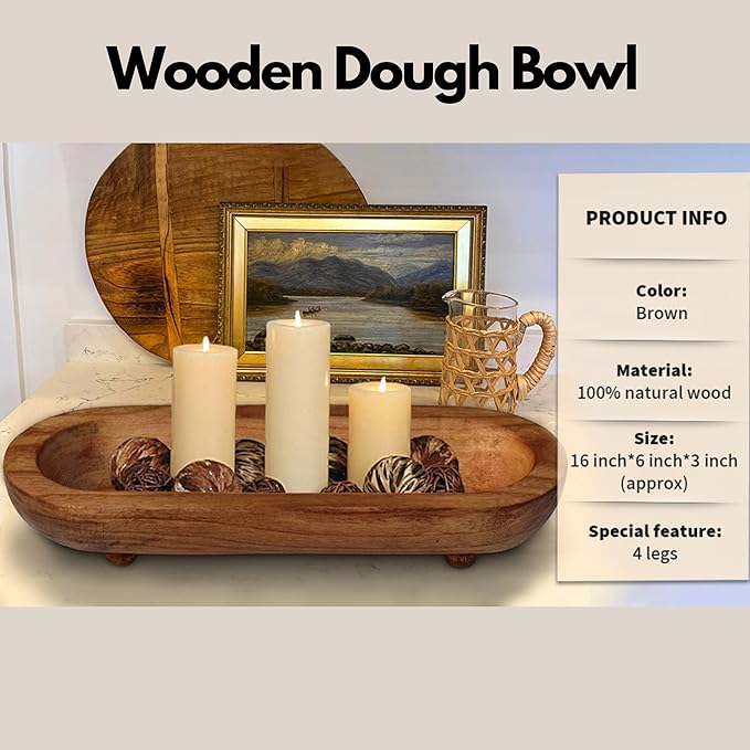 Rustic Handcrafted Wooden Dough Bowl for Decor - Wooden Bowls Decorative, Organic Modern Style, Decor Bowl, Centerpiece Bowl Four Legged Base Artisan Crafted Dough Bowl for Stylish Home Kitchen Decor