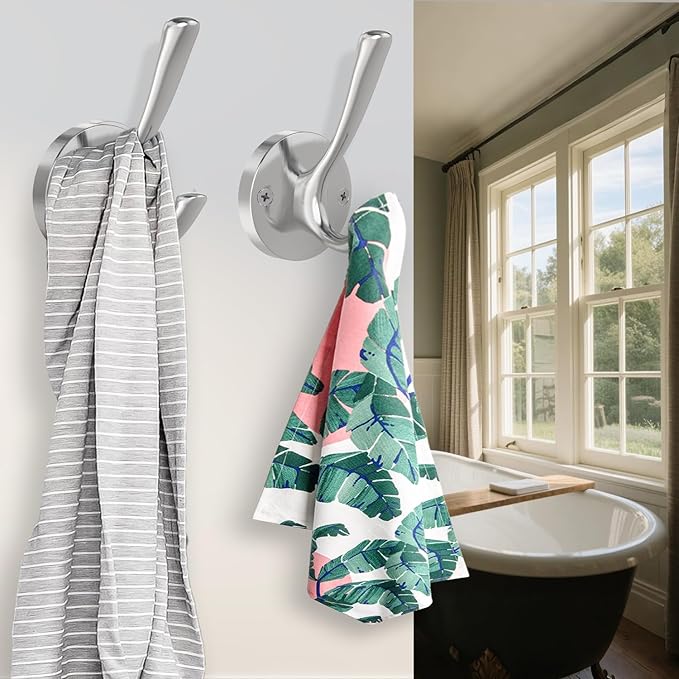 Brushed Nickel Robe Hooks Towel Hooks, 3 Pack Coat Hook Heavy Duty Mudroom Hook Double Bathrobe Hook Wall Mounted, Hat Hooks for Entryway Bathroom Kitchen Closet