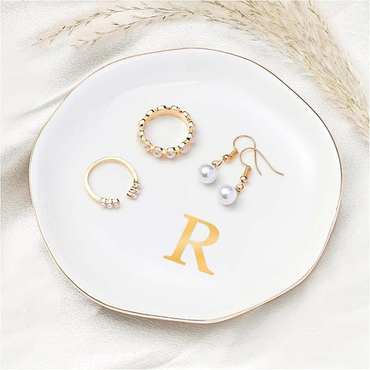 ProCase Ceramic Jewelry Tray, Initial Ring Dish Trinket Plate Engagement Gift, Small Personalized Monogram Ring Bowl for Wedding, White Decorative Jewelry Holder for Women Vanity -Letter R