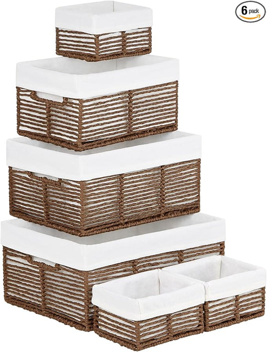 Vagusicc Wicker Storage Basket, 6 Pack Baskets for Organizing, Wicker Baskets with Handle, Rectangular Woven Basket for Storage Shelves, Cube Storage Bins for Closet/Clothes/Dresser, Brown