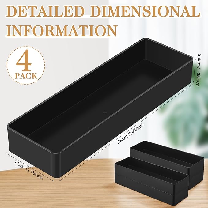 Teling 4 Pcs 4 Piece Large Black Rectangular Desk Organizer Set, Half Accessory Tray, Plastic Tabletop Organizer for Office, Home, or Study, Dimensions: 9.45 x 2.95 x 1.38 Inches