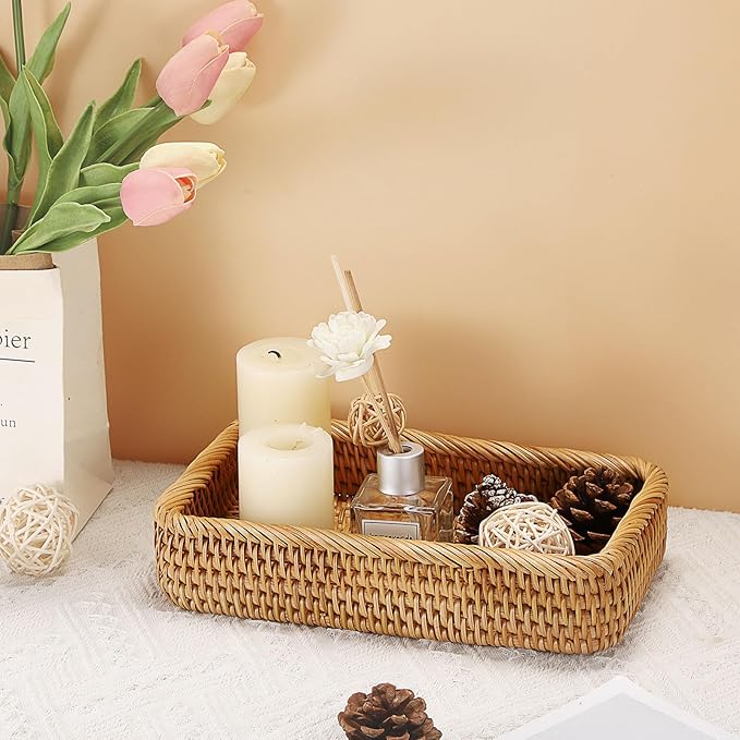 Hipiwe Natural Rattan Tray Key Basket for Entryway Table Rectangle Wicker Basket Trays for Remote Trinket Decorative Rattan Storage Basket Home Decor,10"x 5.9"x 2.2"