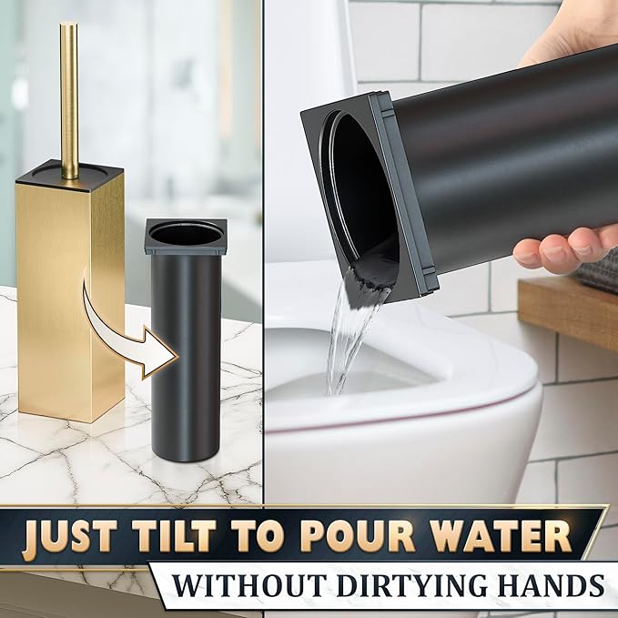 Stainless Steel Toilet Brush and Holder Set Gold & Square Design - Corrosion and Scratch-Resistant Gold Toilet Brush and Holder Set with Splash Protection - for Deep & Effective Bathroom Cleaning
