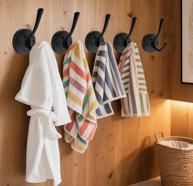 Black Towel Hooks for Wall, 5 Pack Coat Robe Hook Heavy Duty Metal Double Bath Hook Wall Mounted, Hat Hooks for Cubicle Bathroom Kitchen Closet Garage