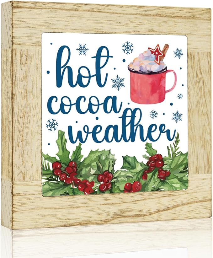 Winter Hot Cocoa Bar Sign Winter Christmas Kitchen Decor for Home Table Christmas Hot Cocoa Bar Decorations for Desk 6 x 6 inches